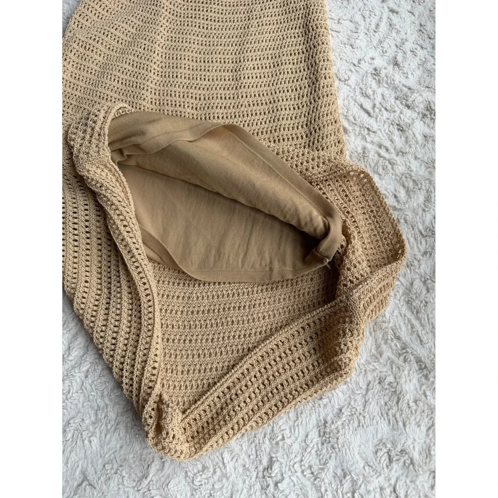 Vince Tan Beige Crochet Open Knit Cotton Blend Midi Skirt Elastic Waist XS S